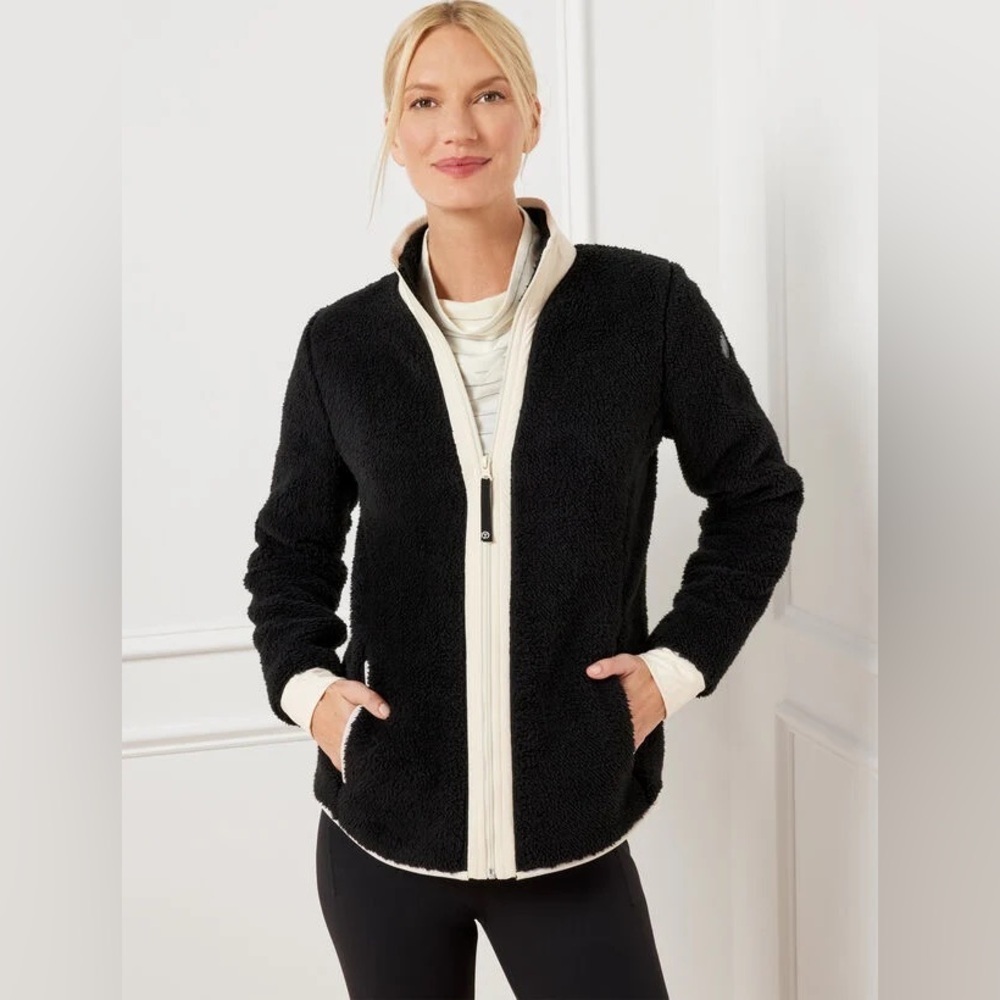 T by Talbots Cozy Colorbloco Sherpa Black and Creak Jacket Size Medium